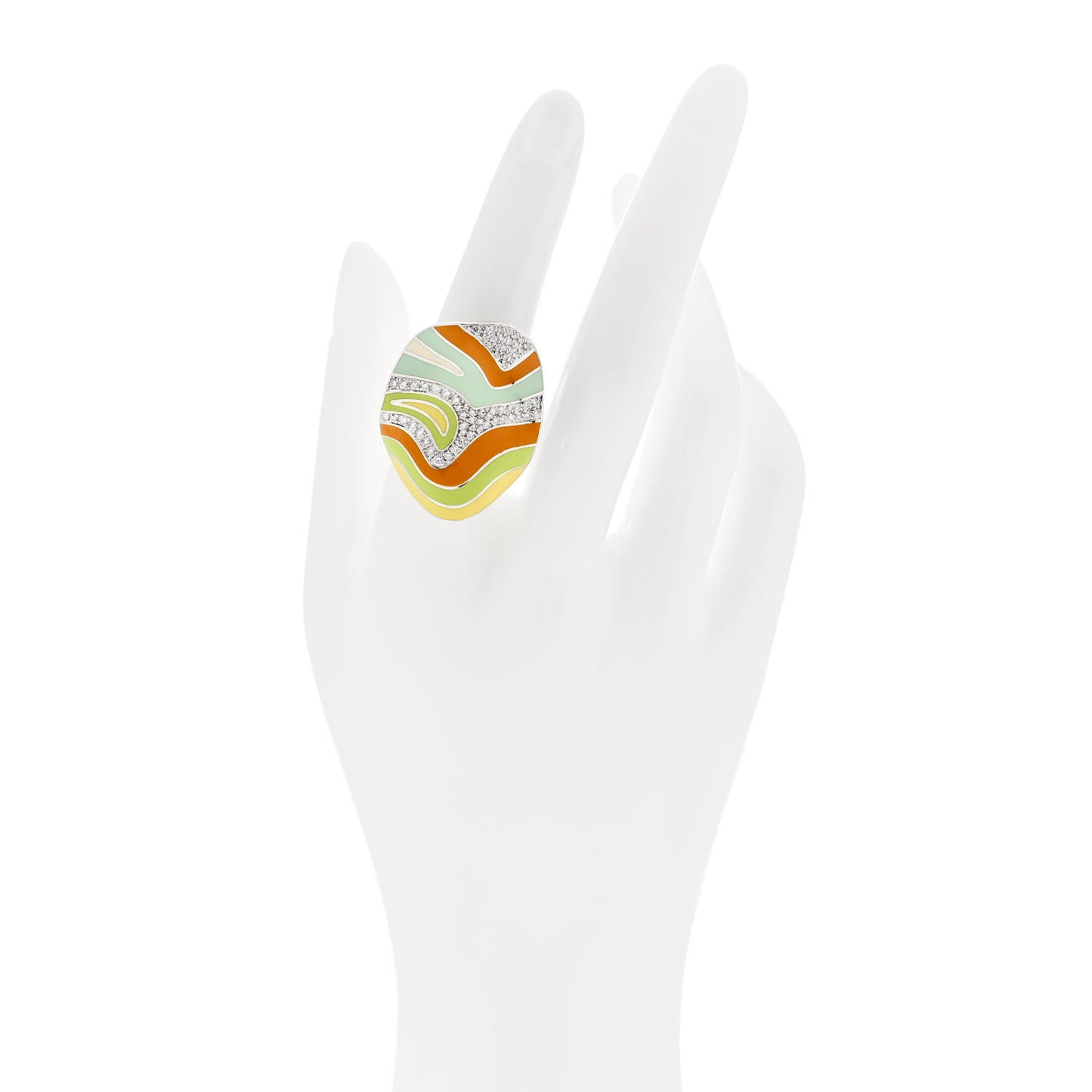 18K White Gold Diamond Enamel Ring 53 6.5 Multicolor