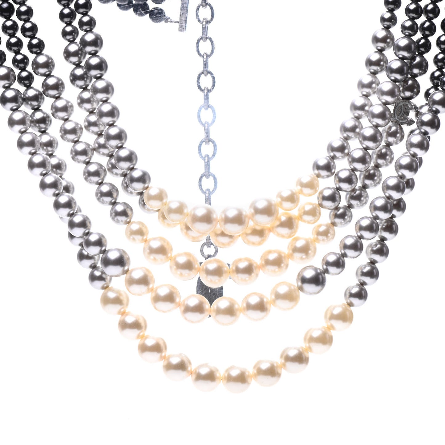Graduated Pearl CC Multi Strand Short Necklace Ruthenium Grey Black