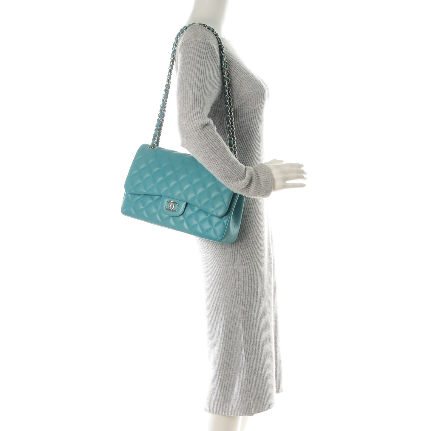 Lambskin Quilted Jumbo Double Flap Turquoise