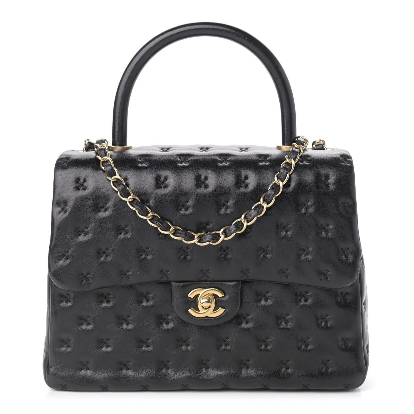 Lambskin Cross Stitch Small Coco Handle Flap Dark Black