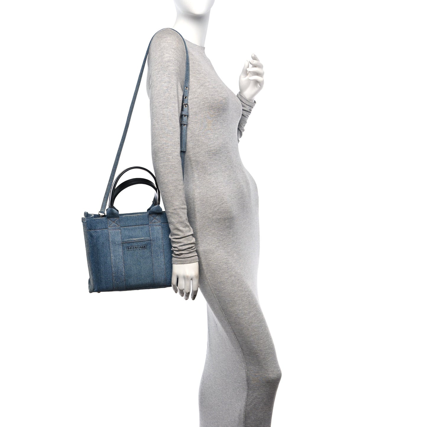 Washed Frayed Denim Logo Small Hardware Tote Blue