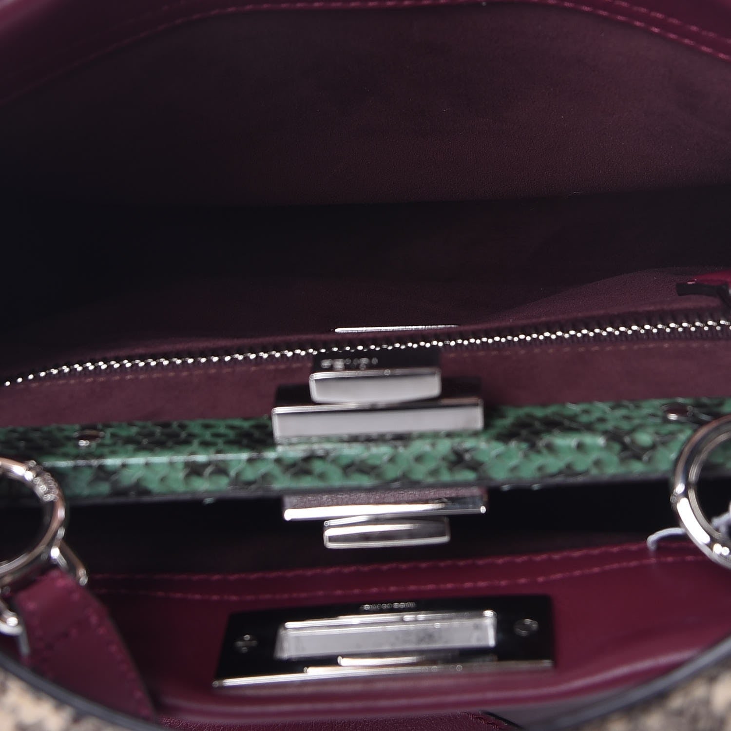 Fendi Calfskin Elaphe Lace Up Medium Peekaboo Iconic Satchel Bordeaux Beige Verde 7 of 9