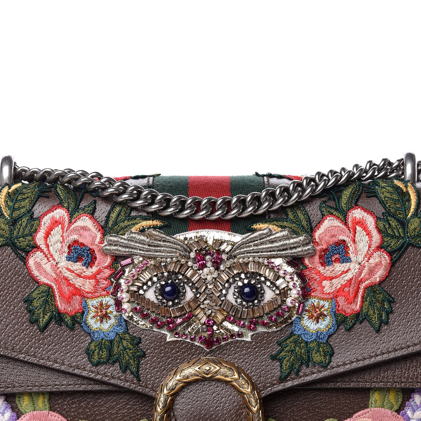 Calfskin Web Owl Embroidered Medium Dionysus Shoulder Bag New Acero Multicolor