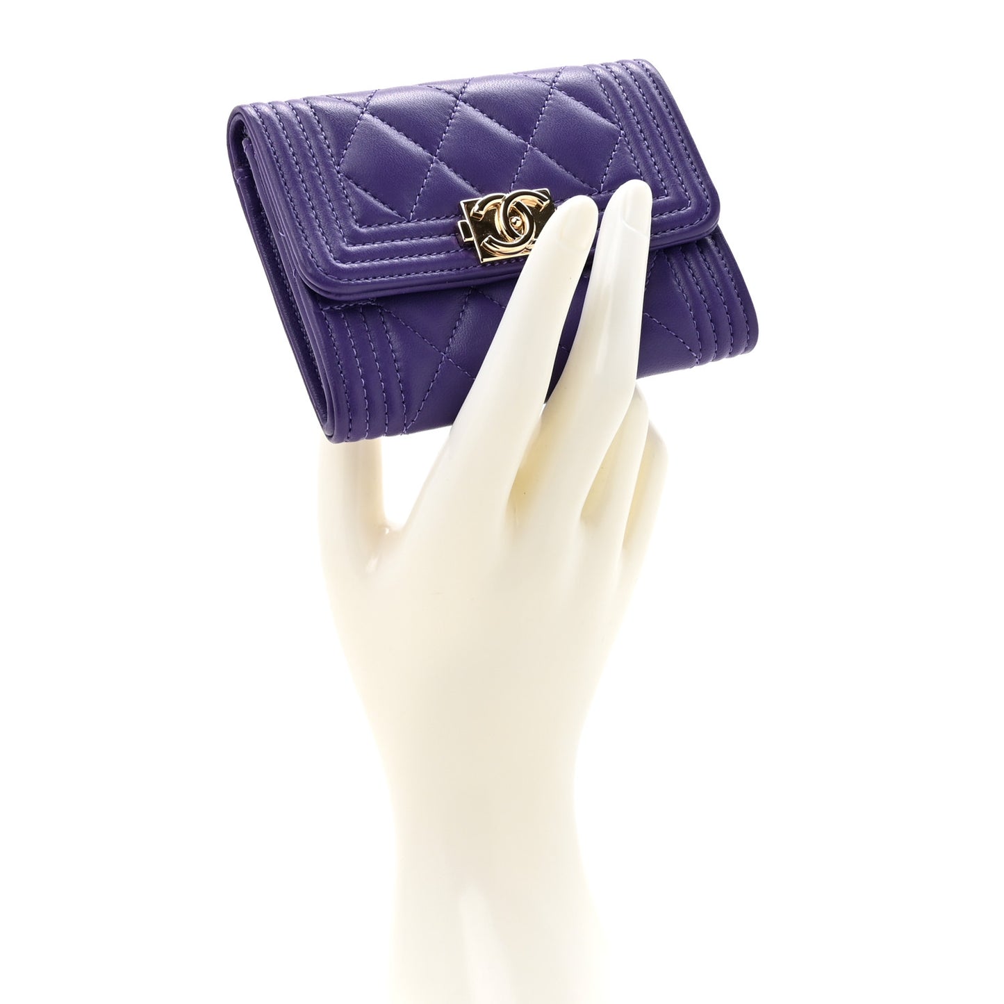 Lambskin Quilted Boy Flap Card Holder Purple