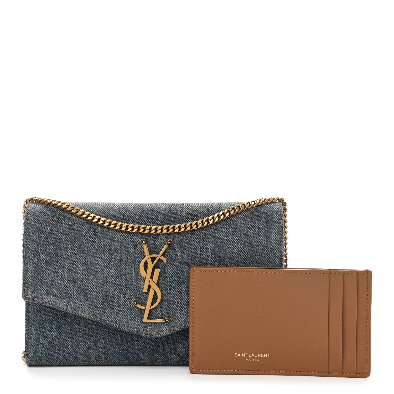 Saint Laurent Denim Monogram Chain Wallet Rodeo Blue Cinnamon 1 of 11