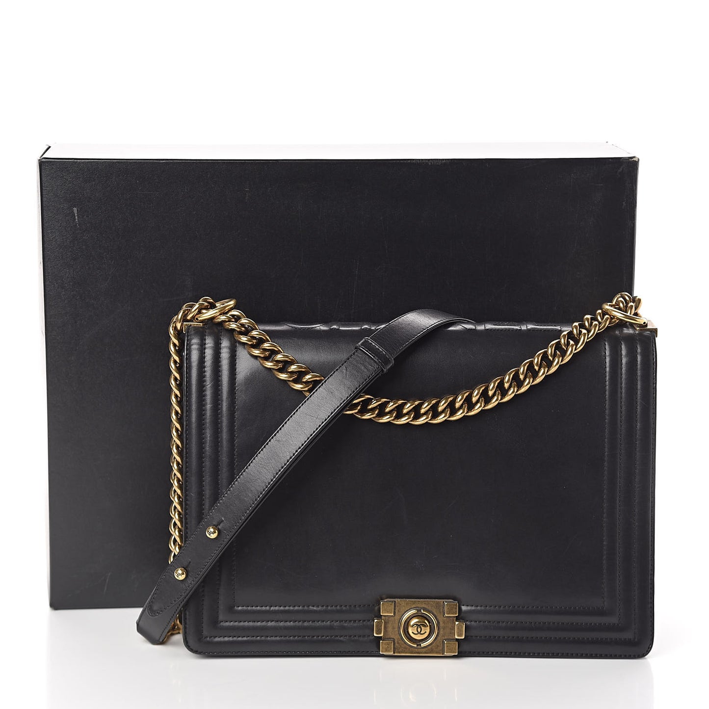 Glazed Calfskin Large Boy Flap Black