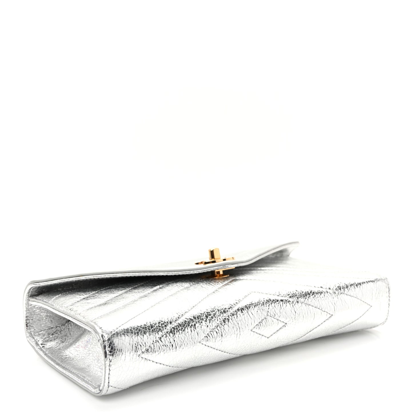 Metallic Aged Calfskin Chevron Quilted Top Handle Envelope Clutch Silver