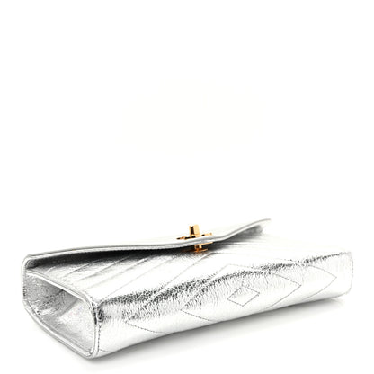 Chanel Metallic Aged Calfskin Chevron Quilted Top Handle Envelope Clutch Silver 4 of 10