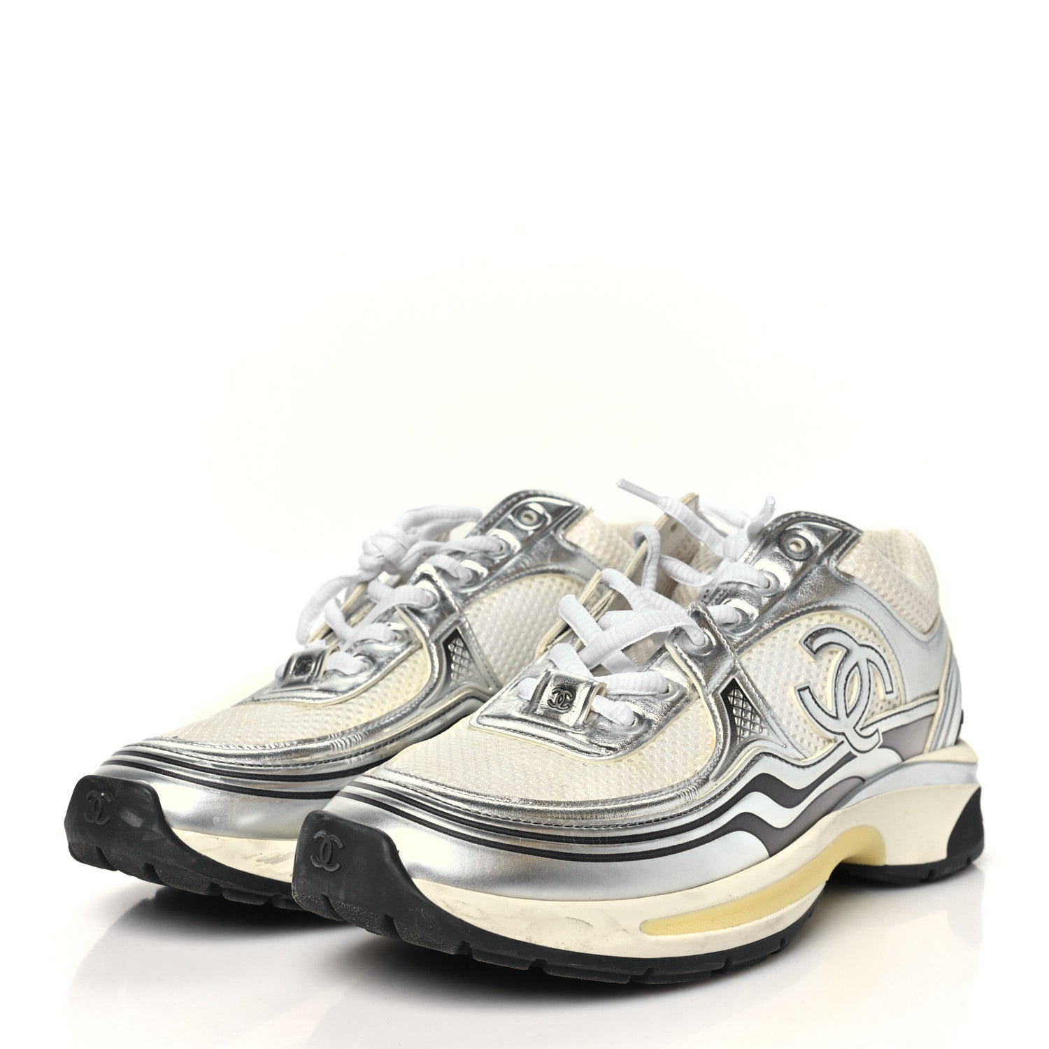 Chanel Fabric Laminated Calfskin Stretch CC Womens Sneakers 39 White Silver 4 of 10