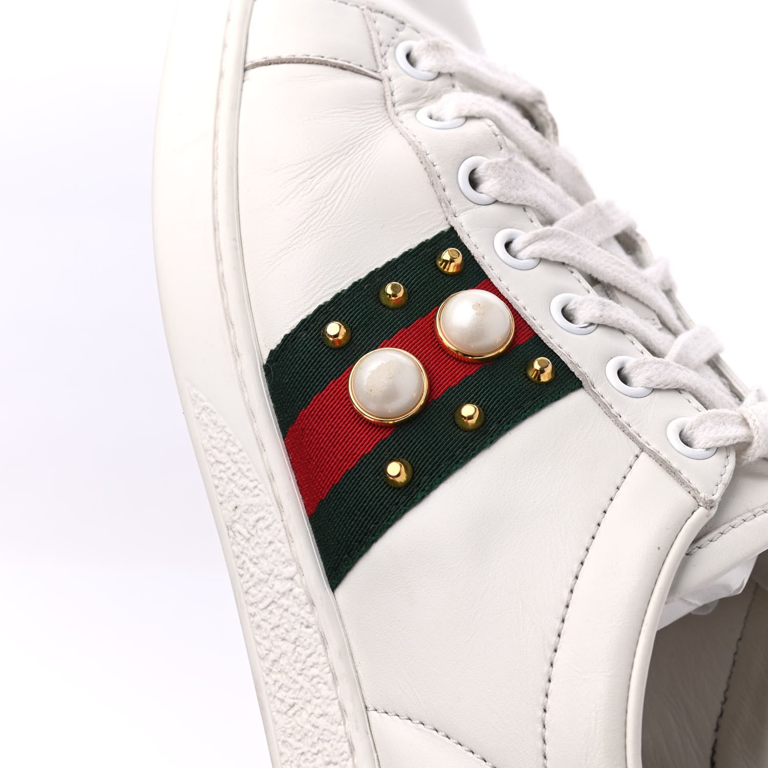 Gucci Calfskin Web Pearl Studded Womens Ace Sneakers 36.5 White 22 of 24