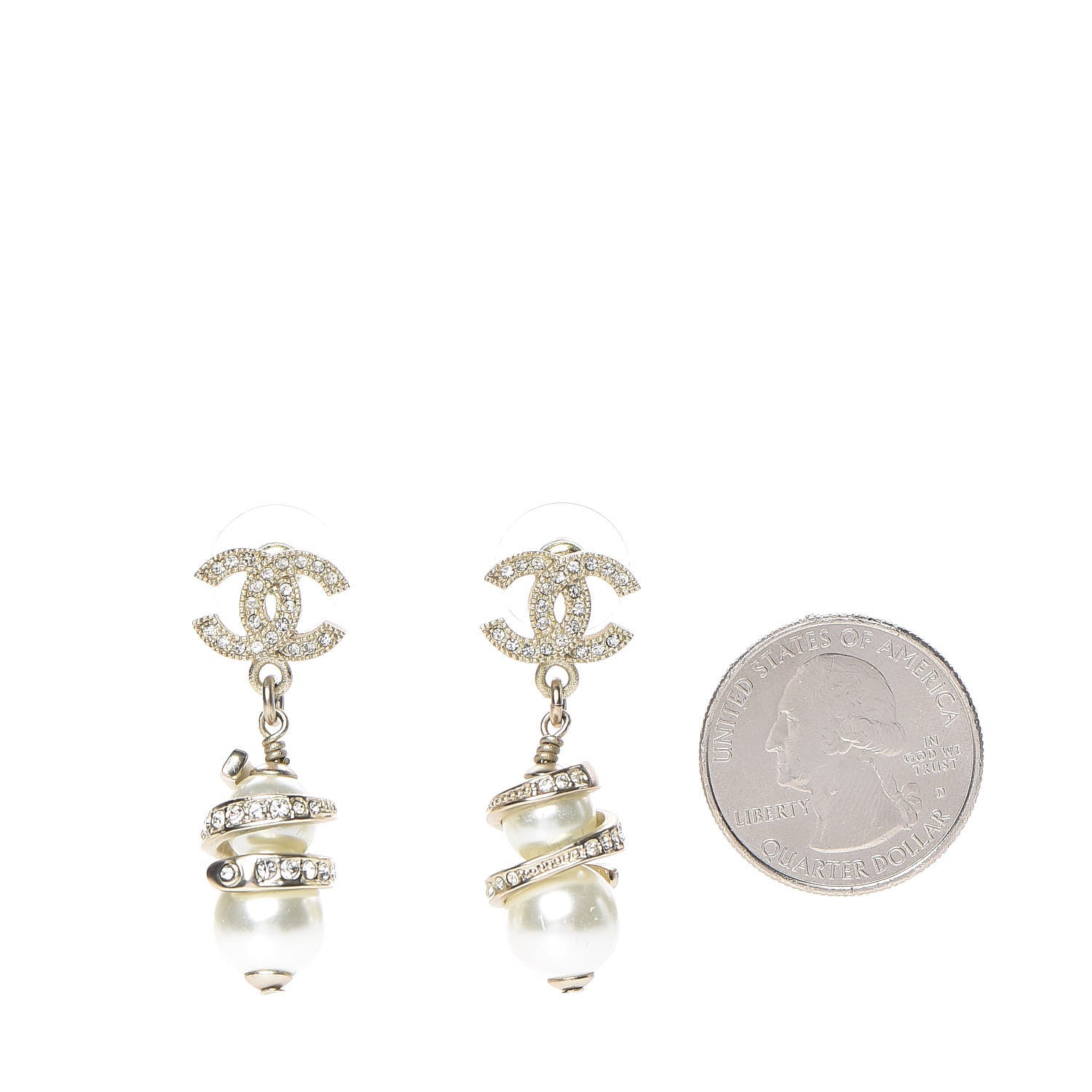 Chanel Crystal Pearl CC Drop Earrings Silver 2 of 5
