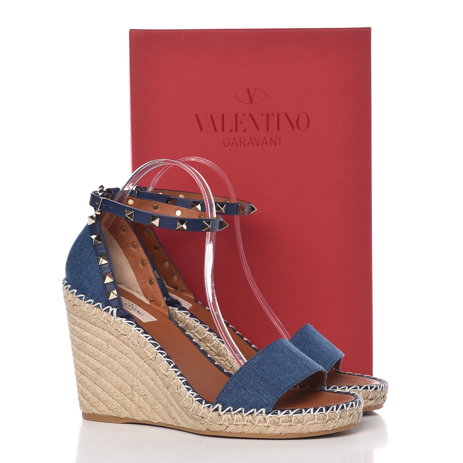 Valentino Garavani Denim Rockstud Ankle Strap Espadrille 15/105mm Wedge Sandals 40 Light Denim 8 of 8