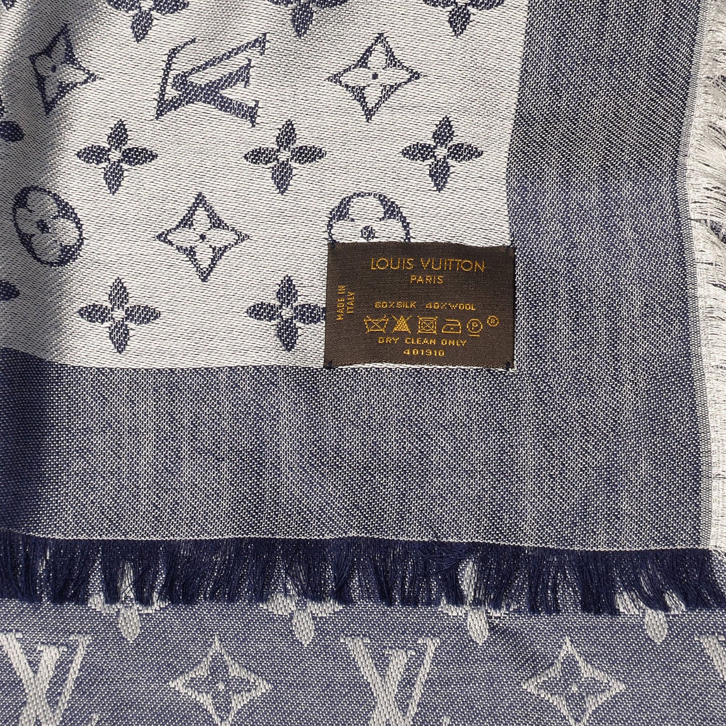 Silk Wool Monogram Denim Shawl Blue
