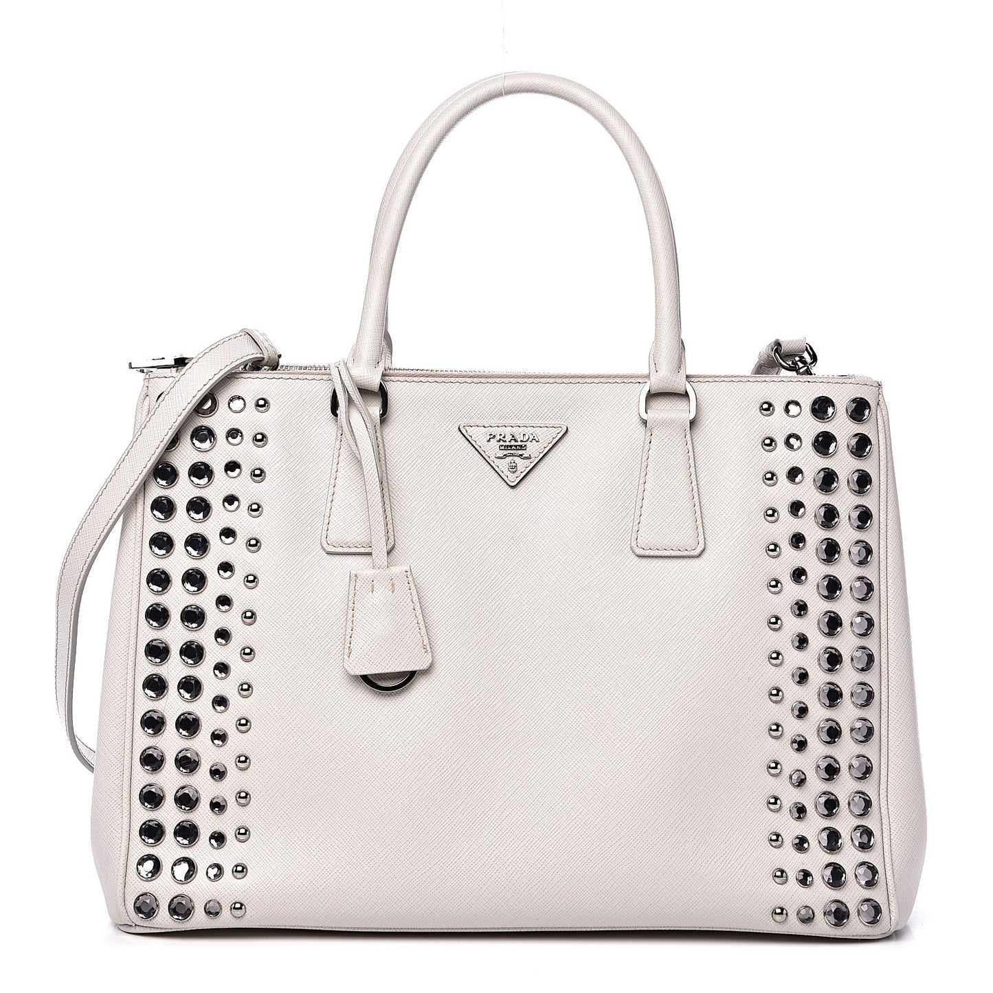 Saffiano Lux Studded Crystal Medium Galleria Double Zip Tote Talco