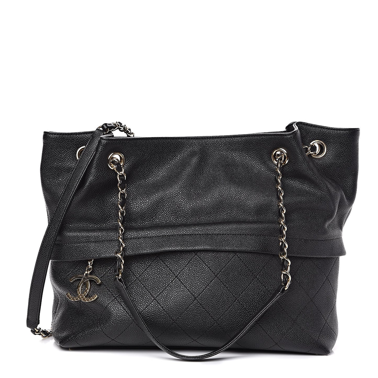 Crumpled Grained Calfskin Zip and Carry Shopping Tote Black