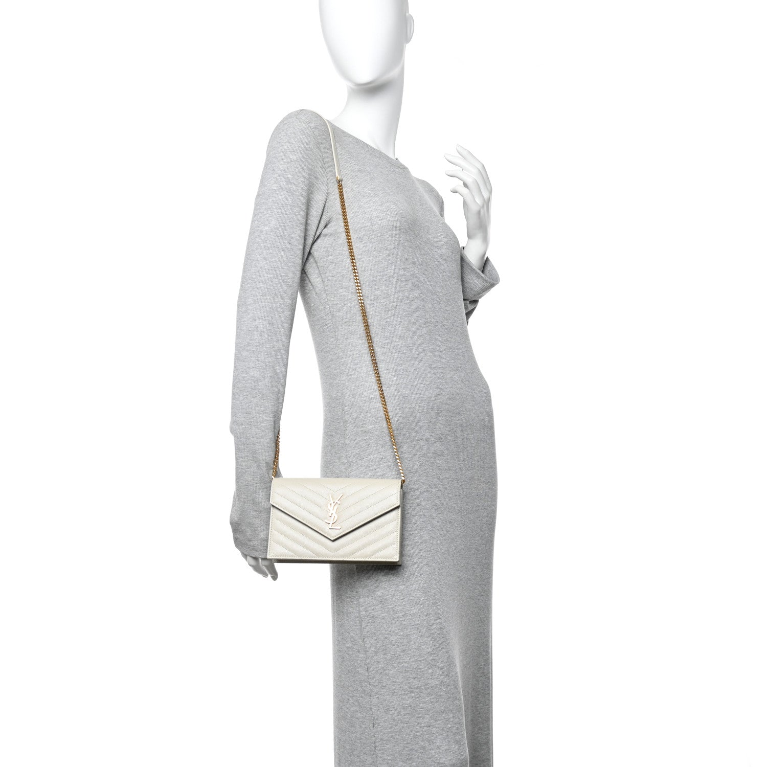 Saint Laurent Grain De Poudre Matelasse Chevron Monogram Envelope Chain Wallet Crema Soft 2 of 10
