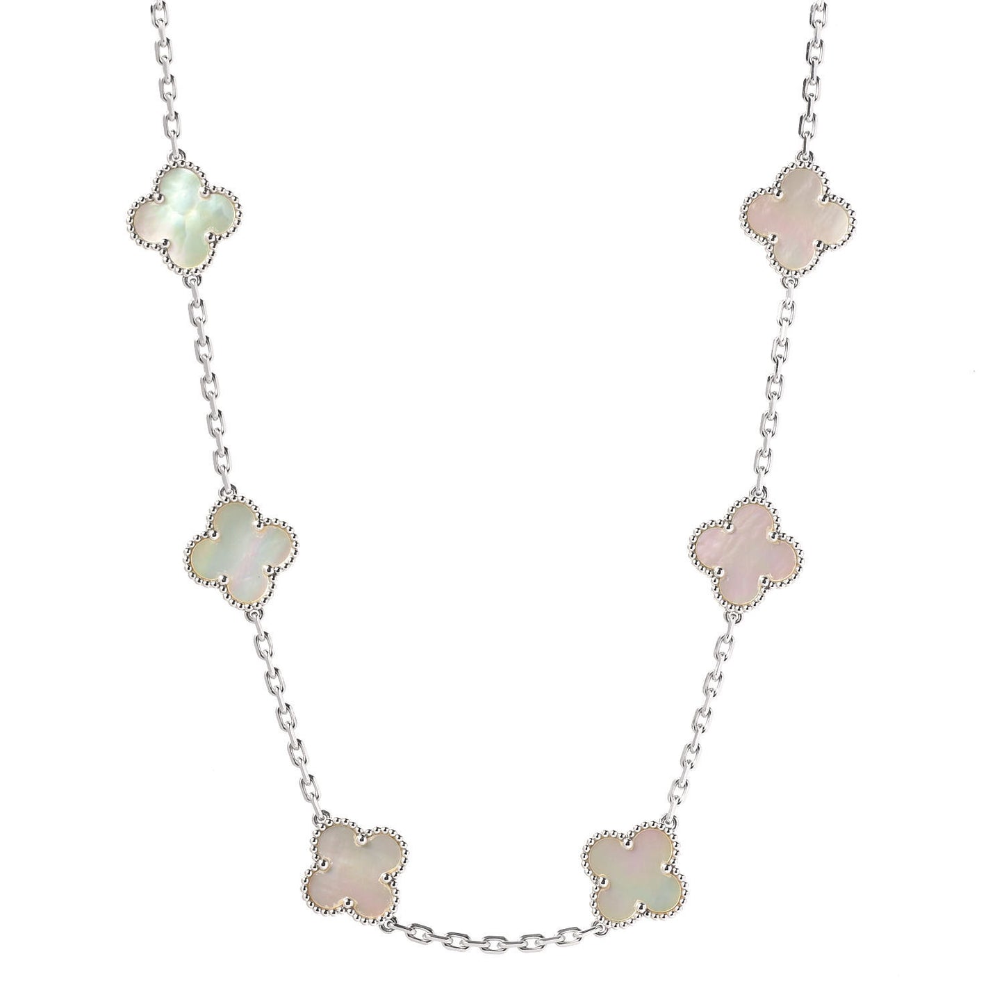 18K White Gold Mother of Pearl 10 Motifs Vintage Alhambra Necklace