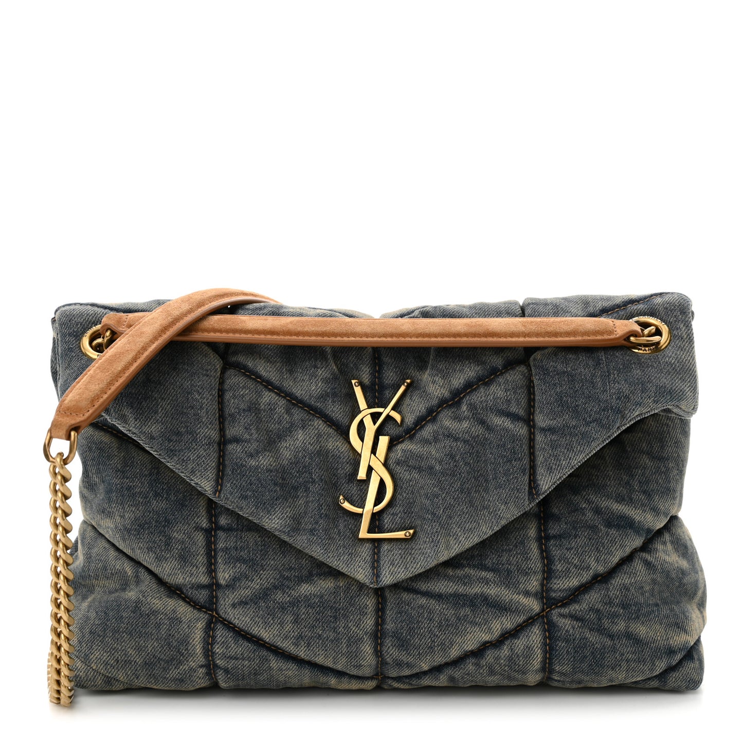 Denim Quilted Small Loulou Puffer Monogram Chain Satchel Blue Cinnamon