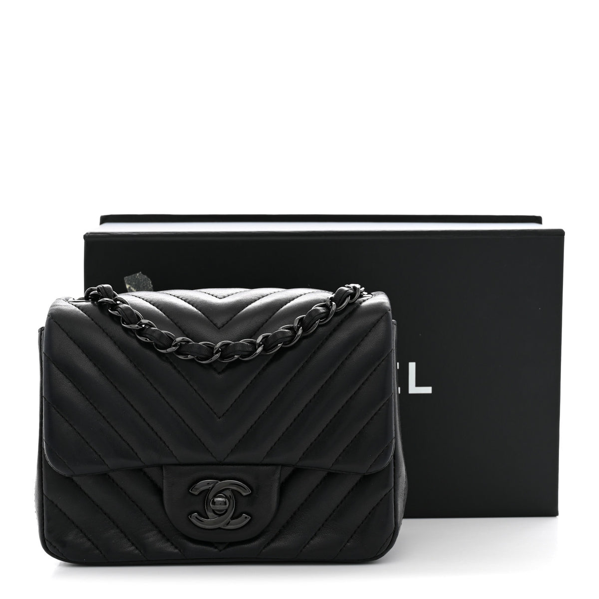 Lambskin Chevron Quilted Mini Square Flap So Black