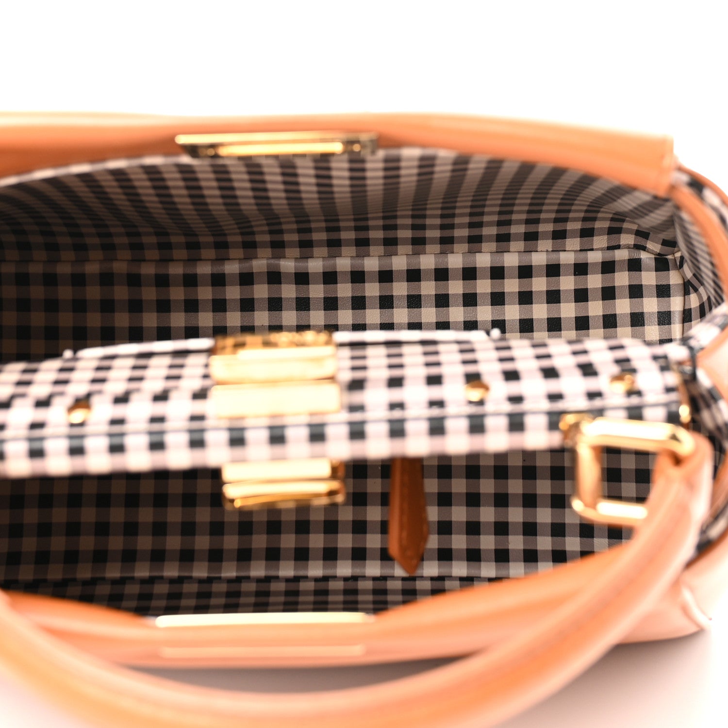 Fendi Nappa Vitello Century Gingham Embossed Mini Peekaboo Iconic Satchel Brandy White Black 5 of 10