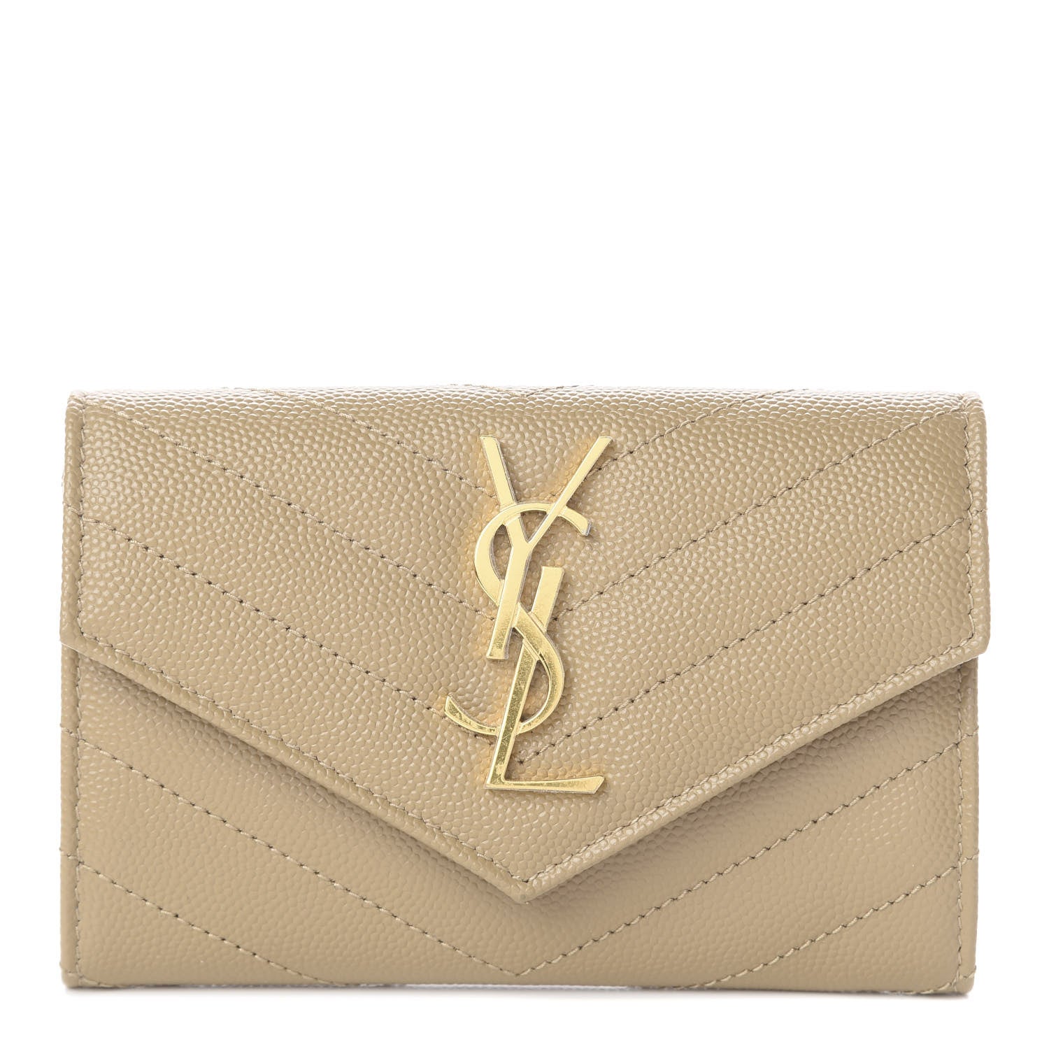 Saint Laurent Grain De Poudre Matelasse Chevron Small Monogram Envelope Wallet Dark Beige 1 of 5