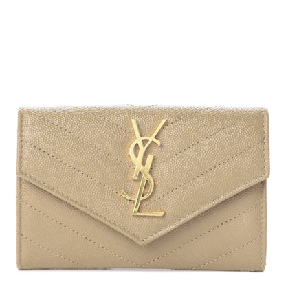 Saint Laurent Grain De Poudre Matelasse Chevron Small Monogram Envelope Wallet Dark Beige 1 of 5