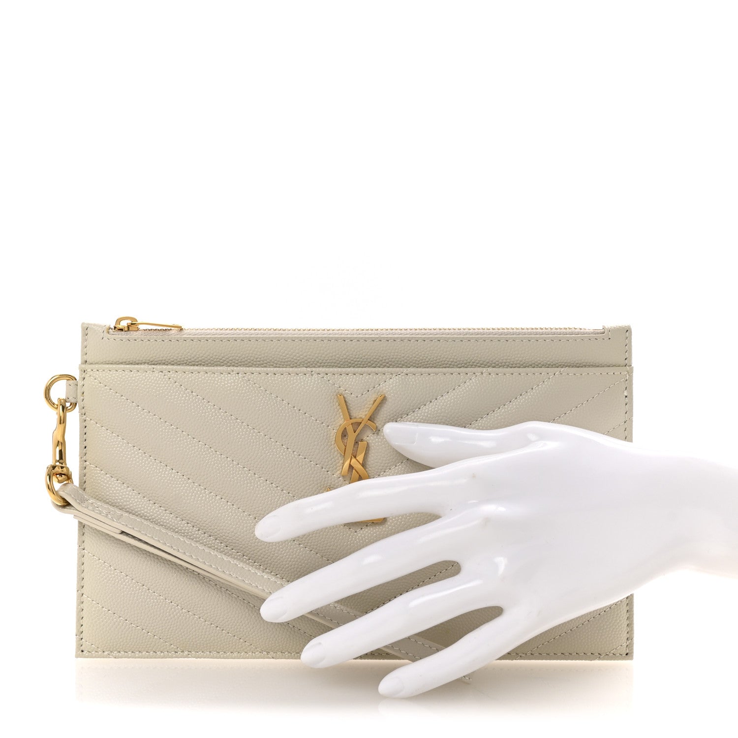 Saint Laurent Grain De Poudre Chevron Monogram Bill Pouch Crema Soft 2 of 8