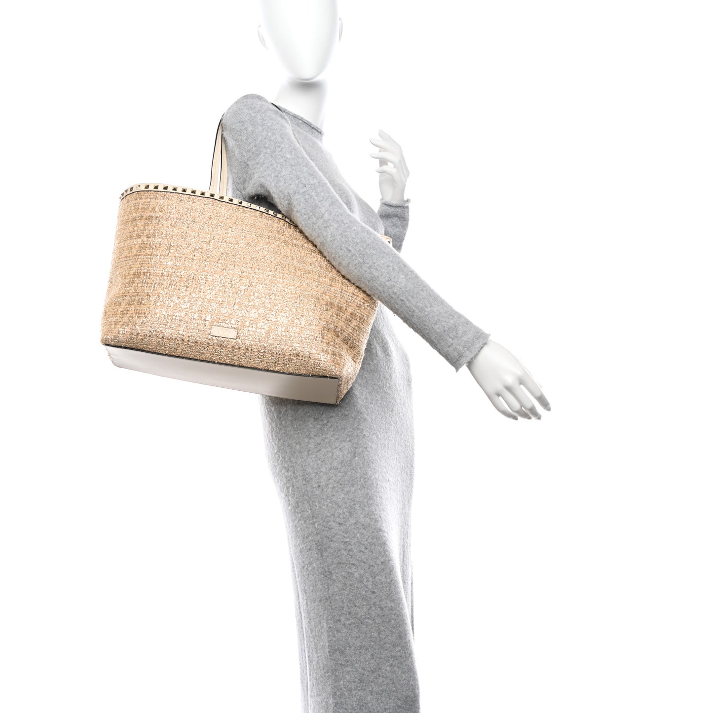Metallic Boucle Raffia Calfskin Rockstud Tote Bag White Ivory Gold