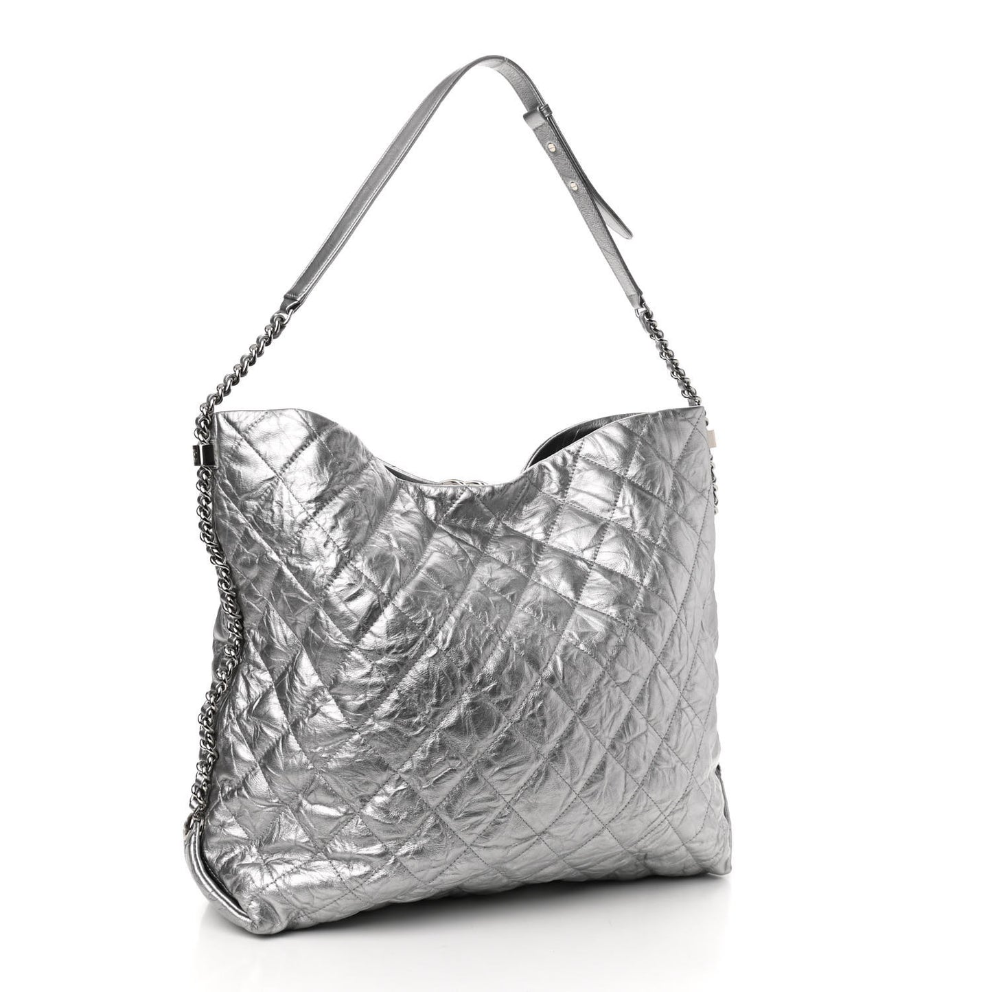 Metallic Crackled Calfskin Quilted Large Big Bang Hobo Silver