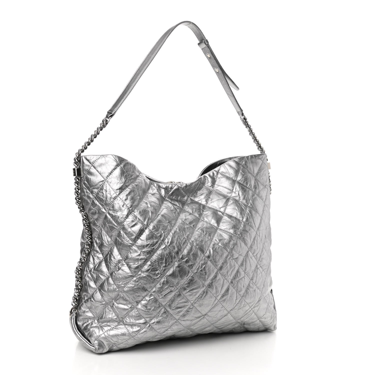 Chanel Metallic Crackled Calfskin Quilted Large Big Bang Hobo Silver 3 of 10
