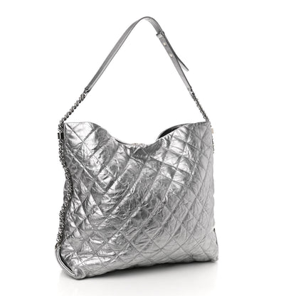 Chanel Metallic Crackled Calfskin Quilted Large Big Bang Hobo Silver 3 of 10