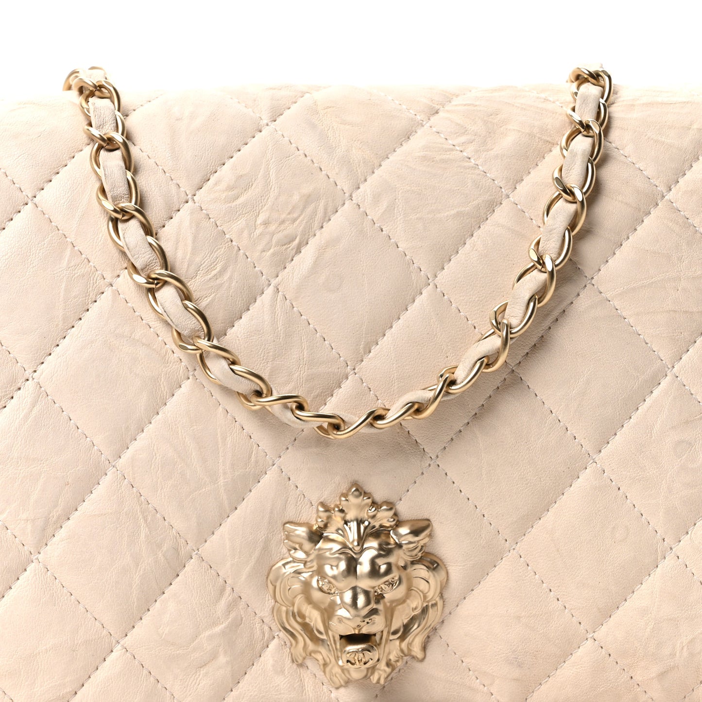 Lambskin Quilted Medium Leo Lion Flap Clutch Beige