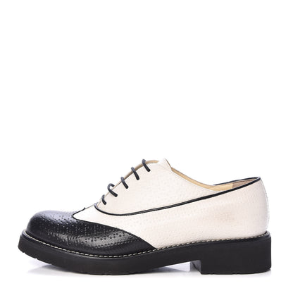 Chanel Calfskin Embossed Lace Up Oxfords 36.5 White Black 1 of 9
