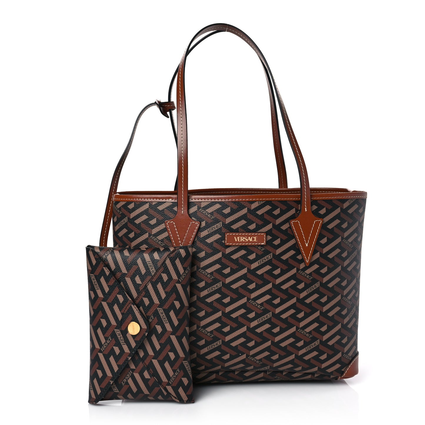 Coated Canvas Calfskin Small La Greca Signature Shopper Tote Bag Black Caramel
