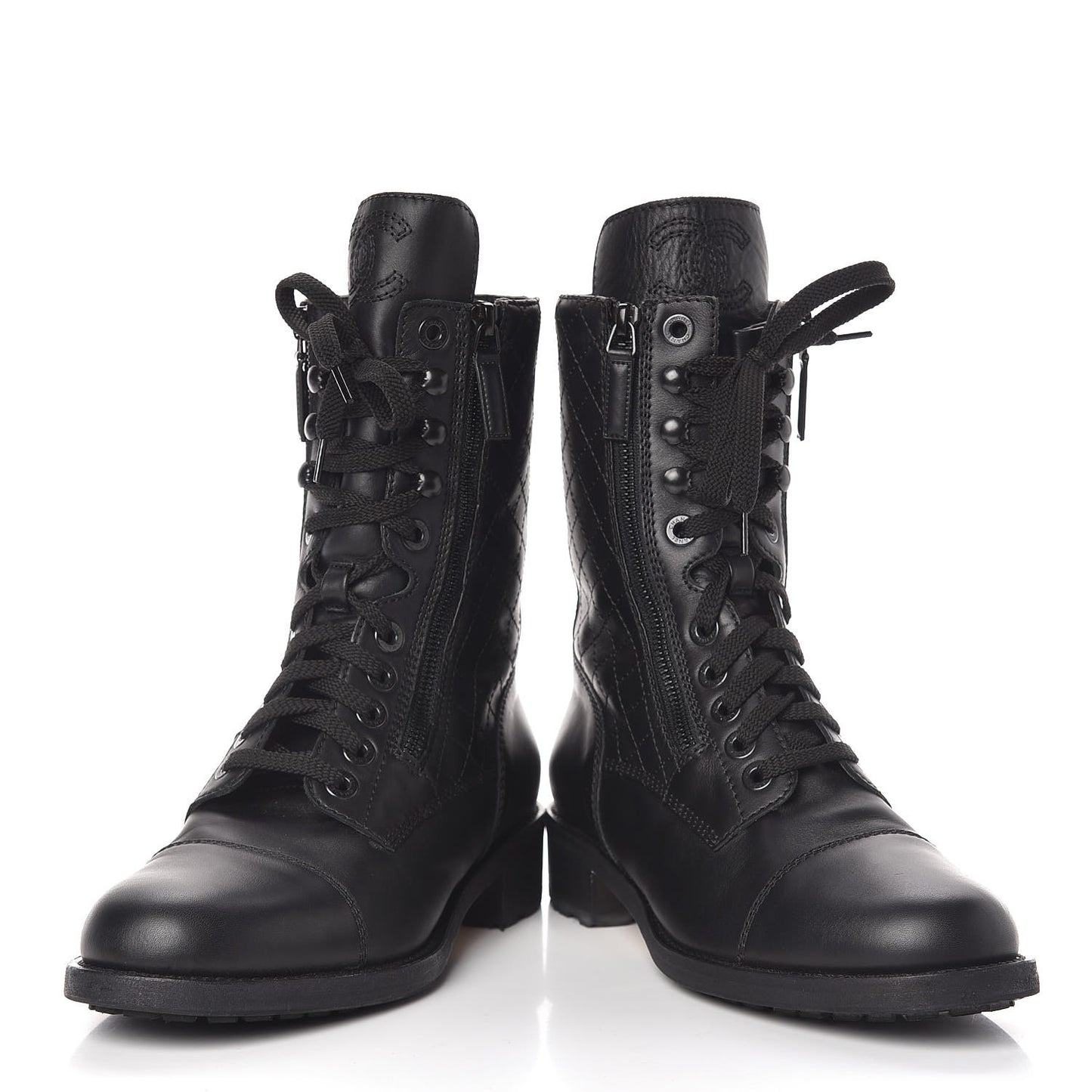 Calfskin Quilted CC Tall Lace Up Combat Boots 40 Black
