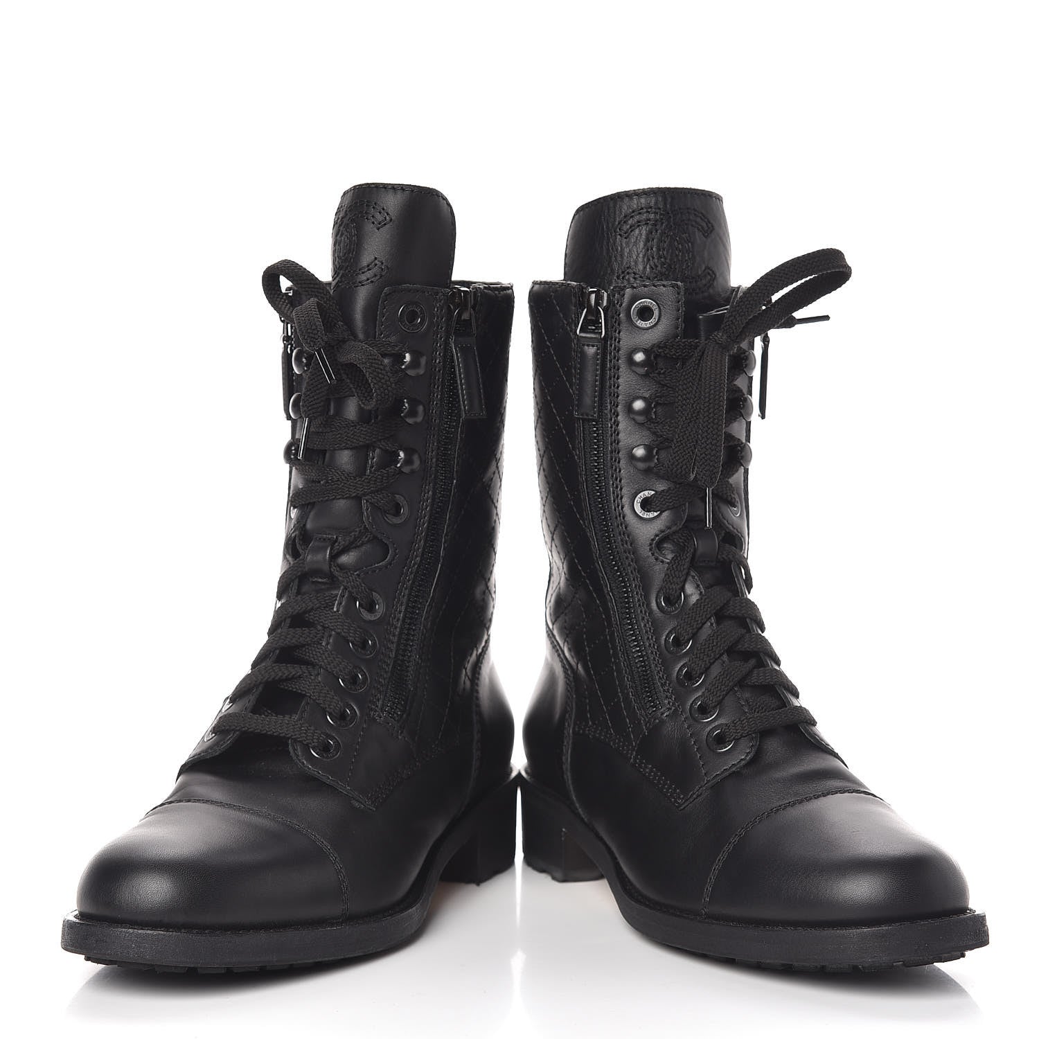 Chanel Calfskin Quilted CC Tall Lace Up Combat Boots 40 Black 7 of 12