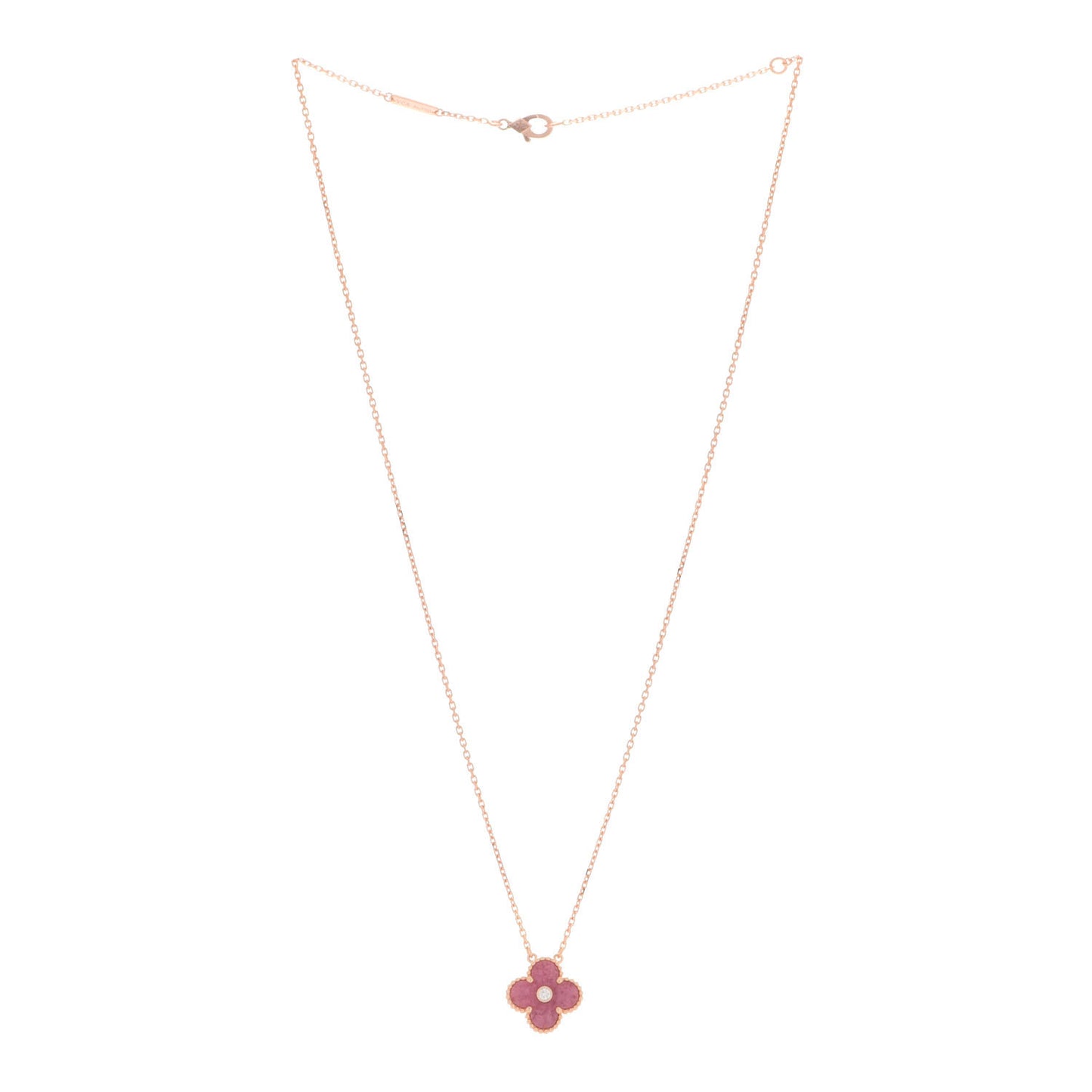 18K Rose Gold Diamond Rhodonite Vintage Alhambra Pendant Necklace