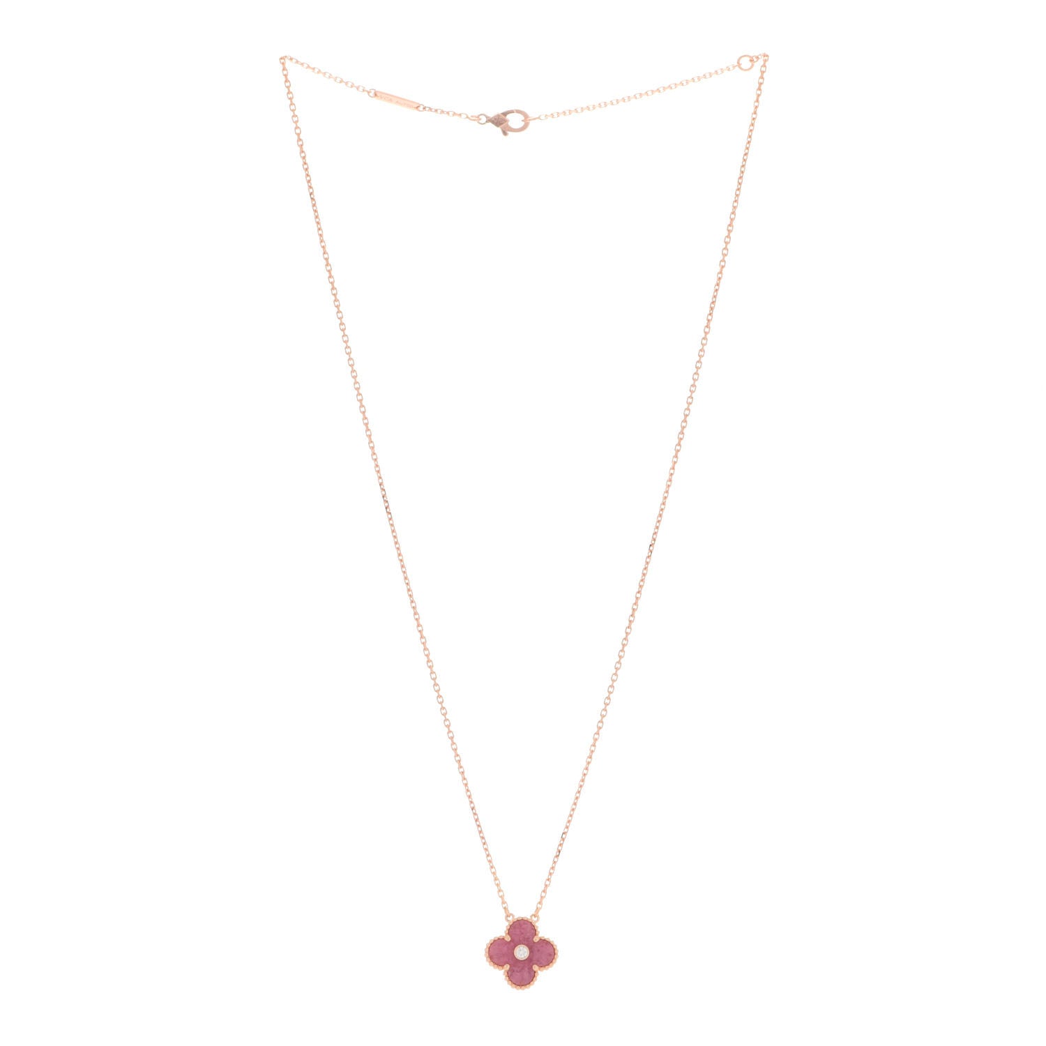 Van Cleef & Arpels 18K Rose Gold Diamond Rhodonite Vintage Alhambra Pendant Necklace 3 of 6