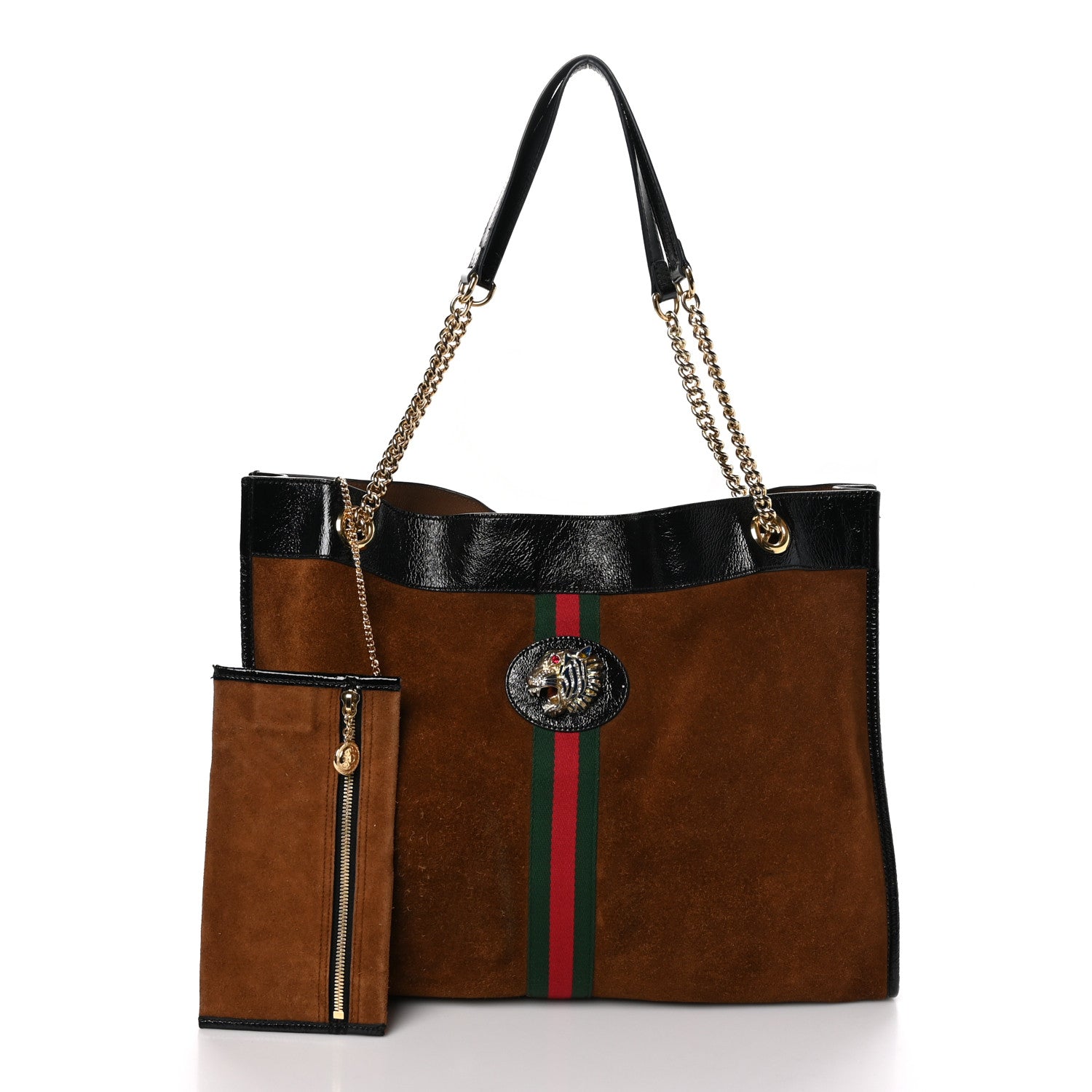 Gucci Suede Patent Large Rajah Chain Tote Nocciola Black 3 of 16