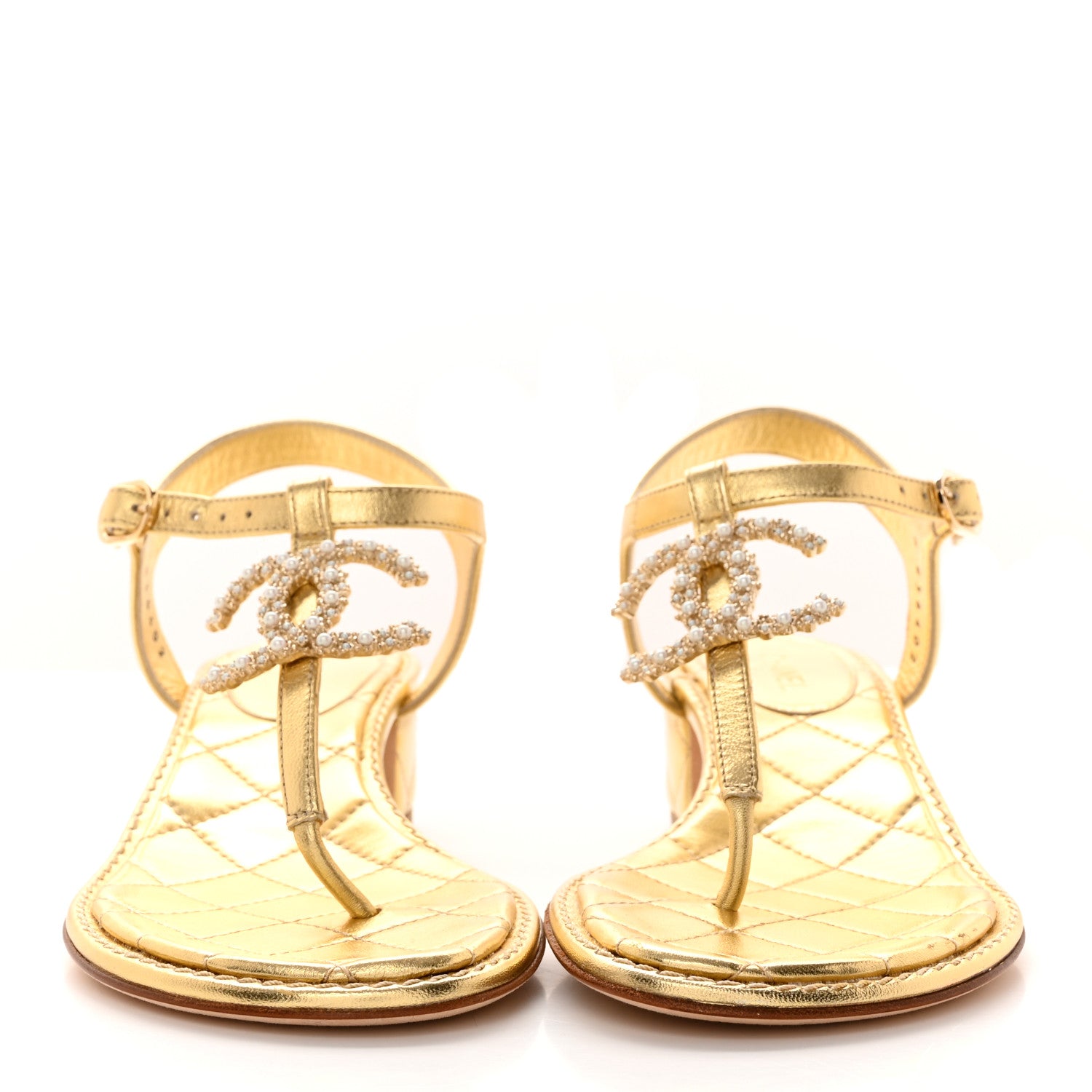 Chanel Laminated Lambskin Quilted CC Pearl Thong Sandals 35.5 Gold 2 of 8