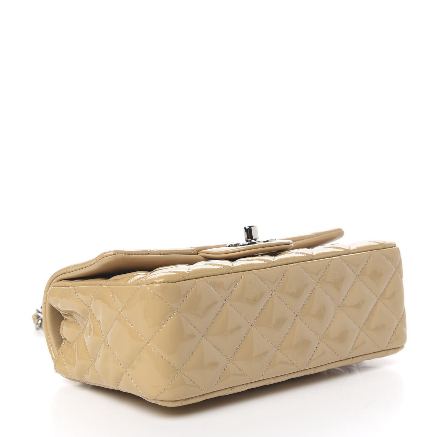 Patent Calfskin Quilted Mini Rectangular Flap Beige