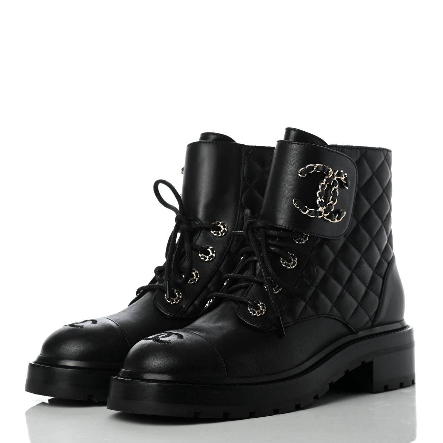 Shiny Lambskin Quilted Lace Up Combat Boots 38 Black