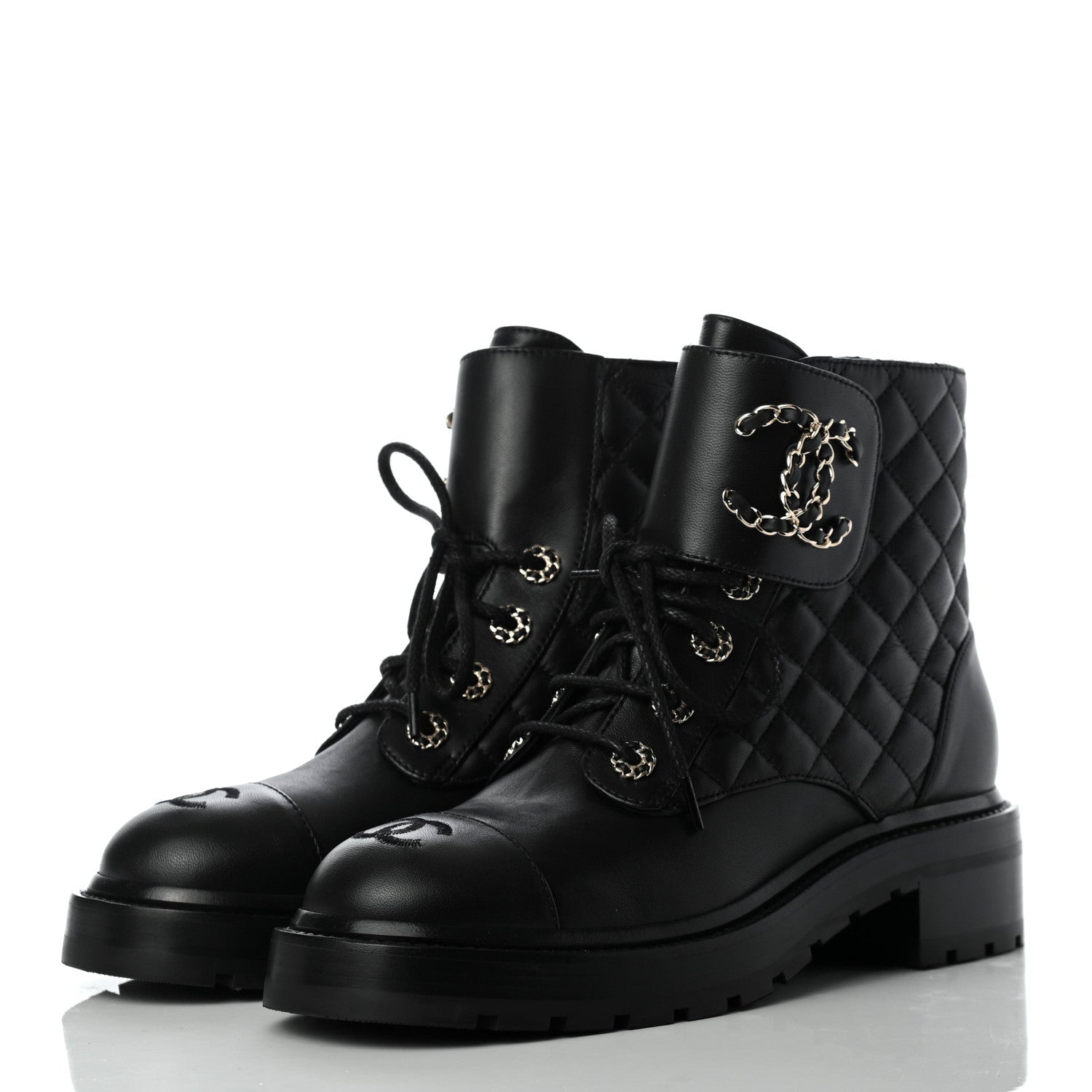 Chanel Shiny Lambskin Quilted Lace Up Combat Boots 38 Black 3 of 9