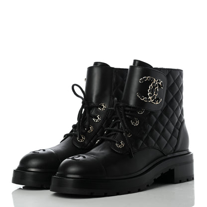 Chanel Shiny Lambskin Quilted Lace Up Combat Boots 38 Black 3 of 9