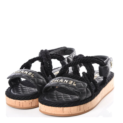 Chanel Cord Lambskin Quilted Logo Sandals 36 Black 2 of 9