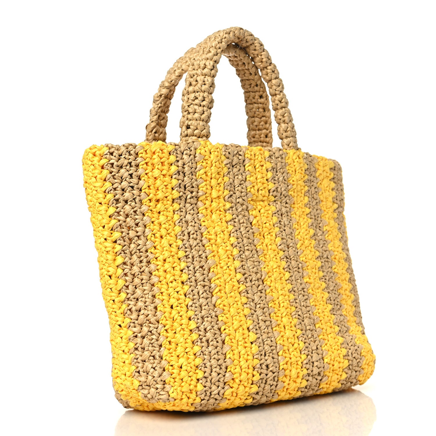 Prada Yarn Raffia Effect Crochet Striped Small Logo Tote Naturale Giallo 3 of 9