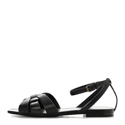 Saint Laurent Calfskin Tribute 05 Ankle Strap Flat Sandals 37 Black 1 of 9