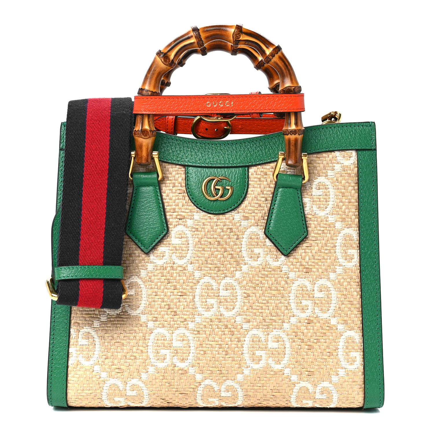 Gucci Raffia Textured Dollar Calfskin Web GG Monogram Small Diana Tote Bag Natural White New Shamarock Deep Orange 1 of 9