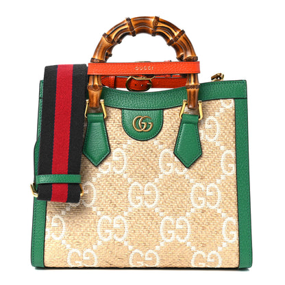Gucci Raffia Textured Dollar Calfskin Web GG Monogram Small Diana Tote Bag Natural White New Shamarock Deep Orange 1 of 9
