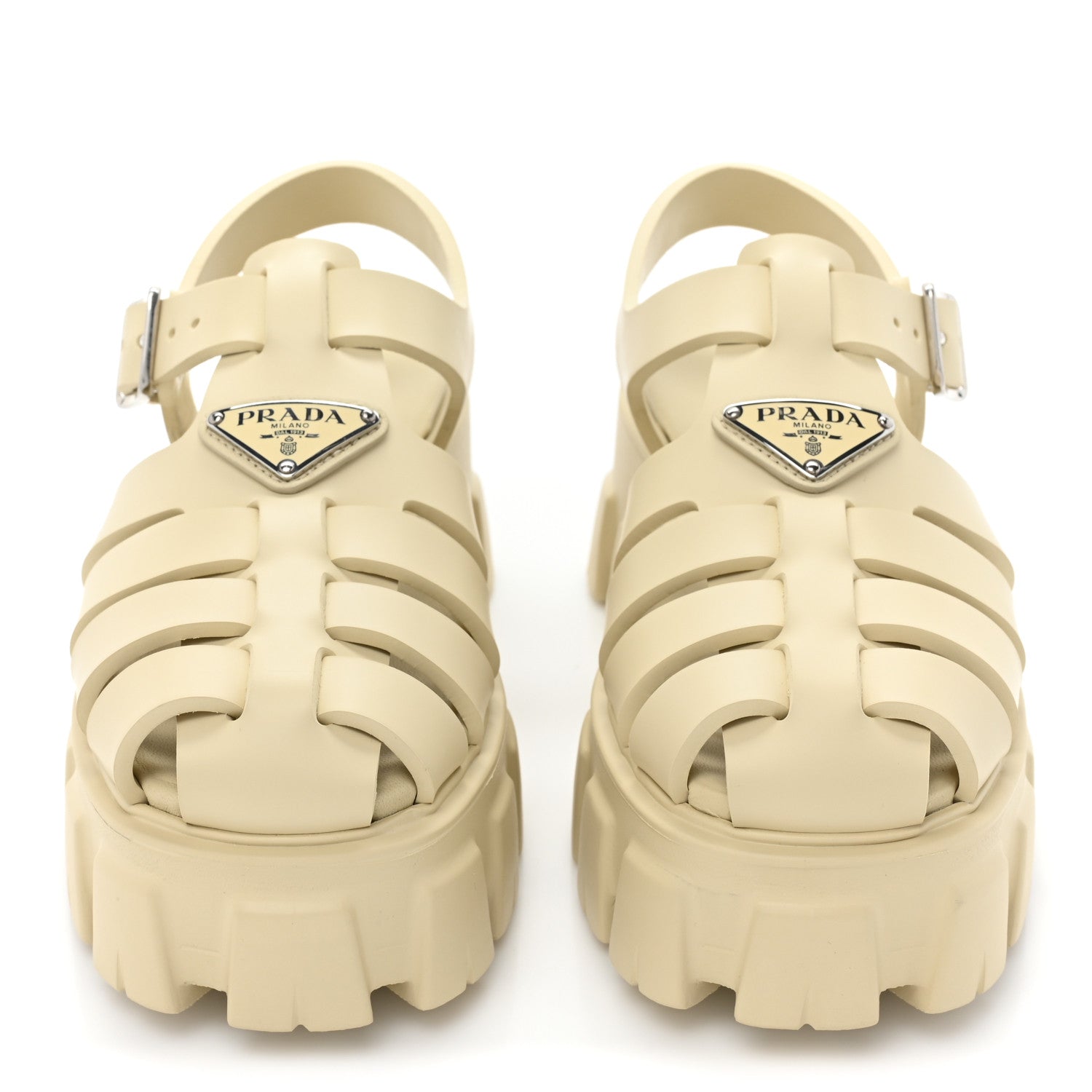 Prada Foam Rubber Metal Triangle Logo Monolith 55mm Cage Sandals 35 Quarzo 2 of 9